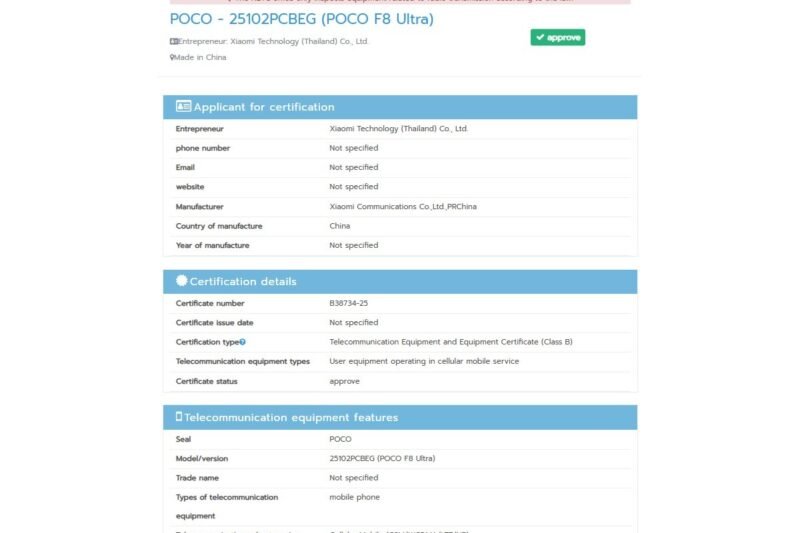 Poco F8 Ultra gets certified indicating a possible early release