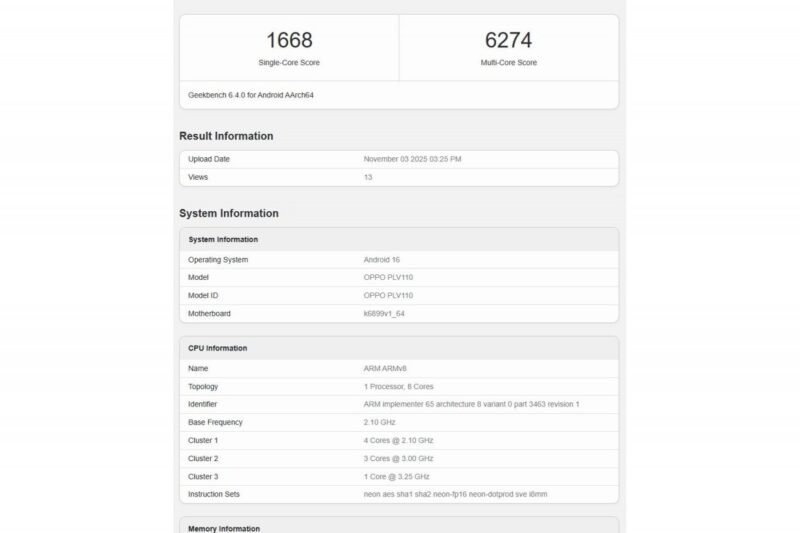 Oppo Reno15 runs Geekbench, reveals its chipset and memory amount