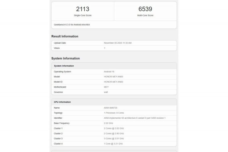 Honor 500 seemingly runs Geekbench revealing its chipset and memory amount
